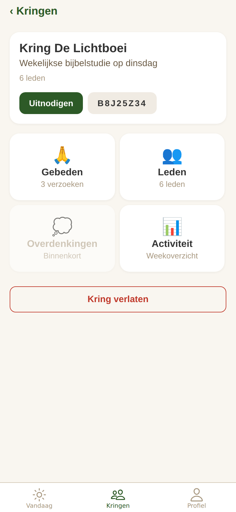 Kringen-scherm van Vaste Grond met een bijbelstudiegroep die op dinsdag samenkomt