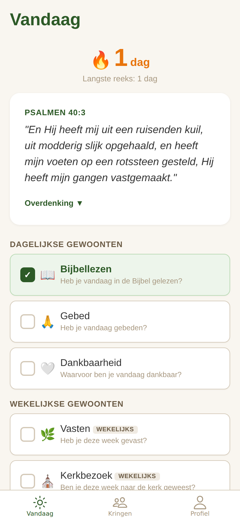 Vandaag-scherm van Vaste Grond met Psalmen 40:3 en de vijf geestelijke gewoonten